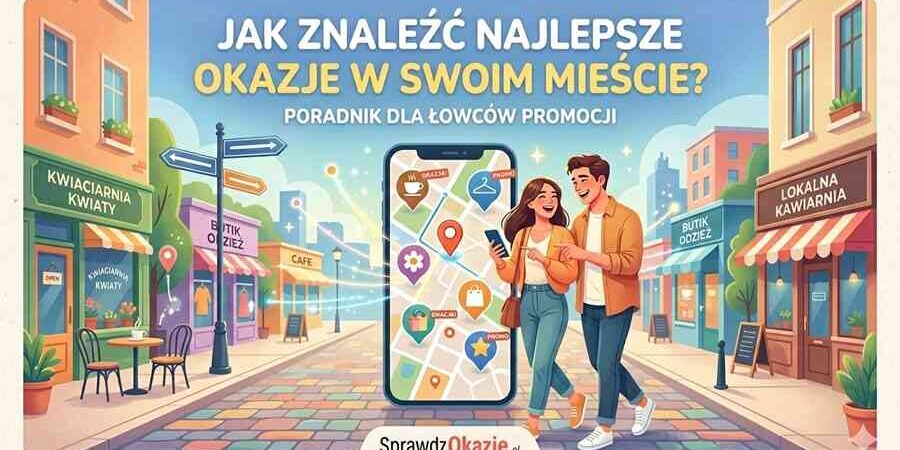 Infografika SprawdzOkazje.pl przedstawiająca parę osób szukających lokalnych promocji na smartfonie na tle kolorowej ulicy z lokalnymi sklepami i kawiarniami.