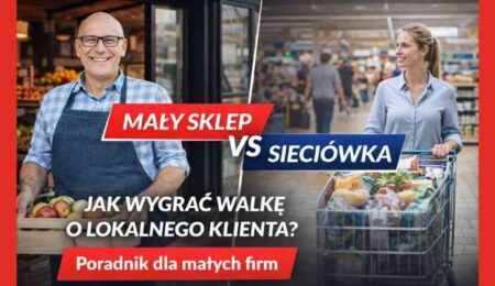 Porównanie małego sklepu i dużego marketu – właściciel sklepu i klientka z wózkiem zakupowym