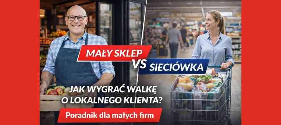 Porównanie małego sklepu i dużego marketu – właściciel sklepu i klientka z wózkiem zakupowym