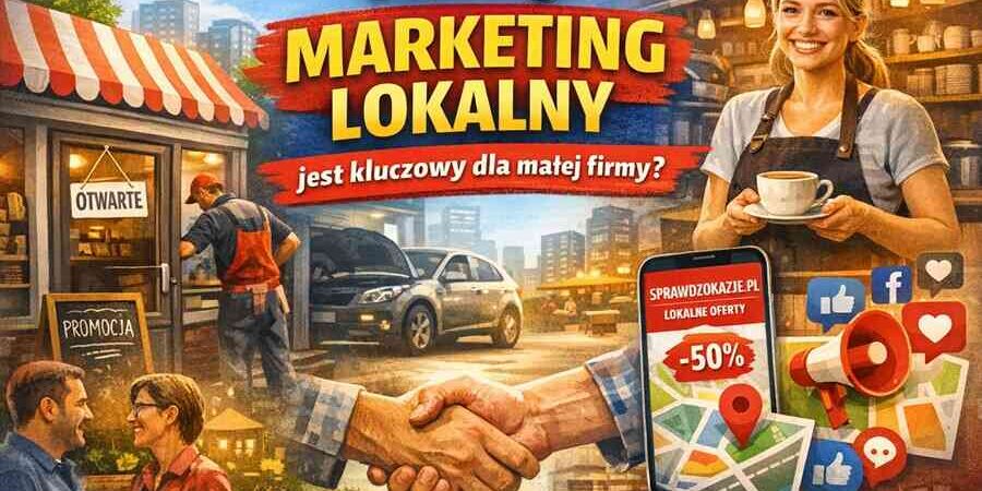 Grafika przedstawiająca marketing lokalny małej firmy – sklep, usługodawcę i aplikację z promocjami, z hasłem „Dlaczego marketing lokalny jest kluczowy dla małej firmy?”