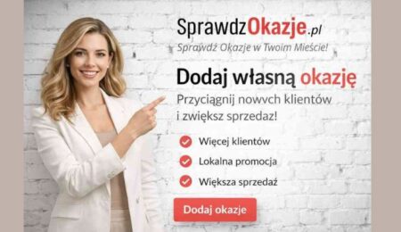 Kobieta wskazująca na baner SprawdzOkazje.pl zachęcający do dodania własnej oferty promocyjnej
