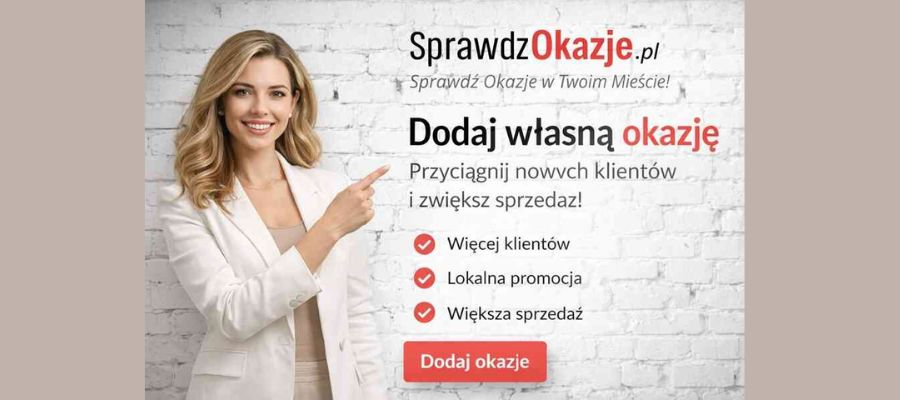 Kobieta wskazująca na baner SprawdzOkazje.pl zachęcający do dodania własnej oferty promocyjnej